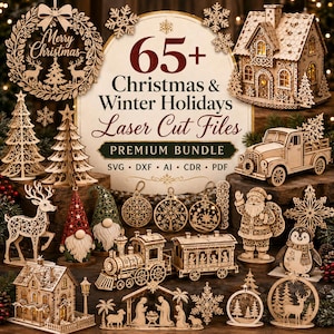 May include: A collection of laser-cut wooden Christmas and winter holiday decorations including a house, truck, train, reindeer, gnomes, and ornaments. The central text reads 65+ Christmas & Winter Holidays Laser Cut Files PREMIUM BUNDLE SVG DXF AI CDR PDF.