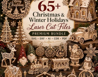 Könnte beinhalten: Eine Sammlung lasergeschnittener Holzdekorationen für Weihnachten und den Winter, darunter ein Haus, ein LKW, ein Zug, Rentiere, Wichtel und Ornamente. Der zentrale Text lautet 65+ Christmas & Winter Holidays Laser Cut Files PREMIUM BUNDLE.