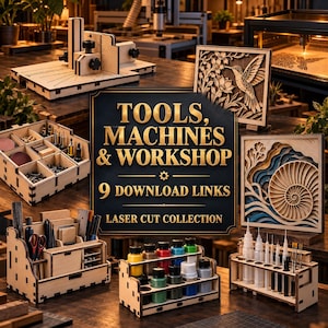 Op de afbeelding: Een collectie lasergesneden houten werkplaatsorganizers, opbergbakken en decoratieve wandkunstpanelen. In het midden staat een zwart bord met gouden tekst: TOOLS, MACHINES & WORKSHOP 9 DOWNLOAD LINKS LASER CUT COLLECTION.