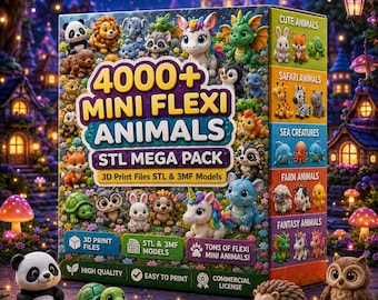 May include: A box set featuring 4000+ Mini Flexi Animals, STL Mega Pack. The box displays various 3D-printed animal figurines, including pandas, lions, unicorns, and dragons. The set includes STL and 3MF models, with a commercial license.