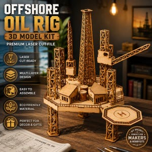 May include: A 3D model kit of an offshore oil rig made from laser-cut wood. The structure features a tall central derrick, smaller support towers, storage tanks, buildings, and a helipad with an H symbol. Text on the image reads OFFSHORE OIL RIG.