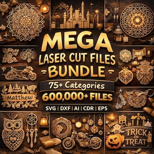Pode incluir: Uma cole&ccedil;&atilde;o de arquivos de corte a laser, incluindo designs de motocicletas, corujas e mandalas. A imagem apresenta o texto "MEGA LASER CUT FILES = BUNDLE =" e "75+ Categories 600,000+ FILES". Os arquivos est&atilde;o em SVG, DXF, AI, CDR e EPS.
