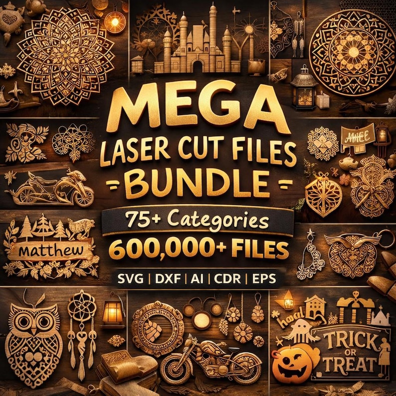 Pode incluir: Uma cole&ccedil;&atilde;o de arquivos de corte a laser, incluindo designs de motocicletas, corujas e mandalas. A imagem apresenta o texto "MEGA LASER CUT FILES = BUNDLE =" e "75+ Categories 600,000+ FILES". Os arquivos est&atilde;o em SVG, DXF, AI, CDR e EPS.