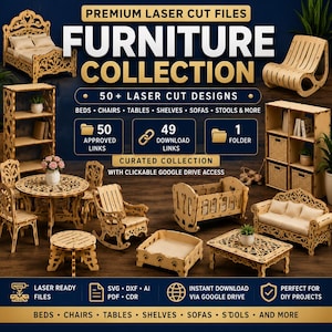 Può includere: Una collezione digitale di file per taglio laser per mobili in miniatura, inclusi letti, sedie, tavoli, scaffali e divani. L'immagine riporta il testo PREMIUM LASER CUT FILES FURNITURE COLLECTION, 50+ LASER CUT DESIGNS e 50 APPROVED LINKS.