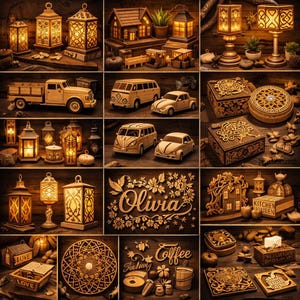 Pode incluir: Uma cole&ccedil;&atilde;o de itens decorativos de madeira, incluindo lanternas, casas, carros e caixas. As lanternas apresentam desenhos intrincados recortados, e os carros s&atilde;o de estilo vintage. A palavra "Olivia" est&aacute; esculpida em um design floral. Os itens est&atilde;o dispostos em uma superf&iacute;cie de madeira escura.