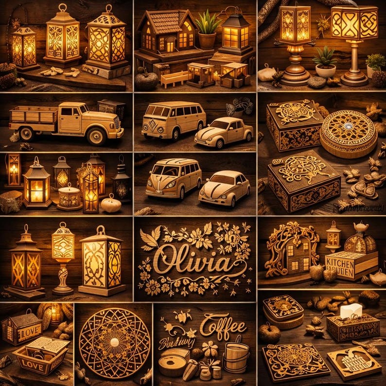 Pode incluir: Uma cole&ccedil;&atilde;o de itens decorativos de madeira, incluindo lanternas, casas, carros e caixas. As lanternas apresentam desenhos intrincados recortados, e os carros s&atilde;o de estilo vintage. A palavra "Olivia" est&aacute; esculpida em um design floral. Os itens est&atilde;o dispostos em uma superf&iacute;cie de madeira escura.
