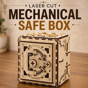 Puede incluir: Una caja fuerte mecánica de madera clara con detalles cortados a láser, un dial de combinación circular y complejos mecanismos de engranajes. El texto LASER CUT MECHANICAL SAFE BOX aparece arriba, con la marca UGEARS visible en la parte inferior.