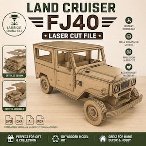 Op de afbeelding: Een digitaal lasersnijbestand voor een Land Cruiser FJ40 houten modelbouwpakket. De afbeelding toont het geassembleerde voertuig, kleinere inzetstukken van de constructie en iconen voor compatibiliteit met SVG, DXF, AI en PDF-bestandsformaten.