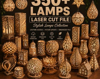 350 arquivos SVG e DXF para corte a laser de luminárias | Designs 3D de luminárias de madeira | Modelos para corte a laser de luzes noturnas | Luminárias CNC com efeito luminoso | Pacote de arquivos SVG para lanternas