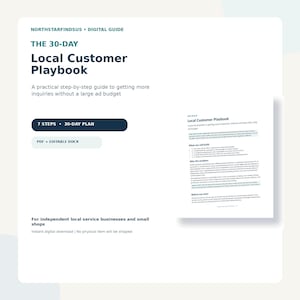 以下が含まれることがあります： 「The 30-Day Local Customer Playbook」というタイトルのデジタルガイド。地域密着型のサービス業向けに7つのステップで構成された計画書です。問い合わせを増やすための実践的なガイドで、PDFおよび編集可能なDOCX形式で提供されています。