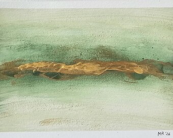 Miniatura astratta dipinta a mano in verde e oro | Pezzo unico | Dipinto originale minimalista | Piccola opera d'arte moderna | Idea regalo
