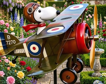 Molino de viento biplano Flying Ace of the Dog - Molino de viento de metal para jardín, original decoración para patio, adorno para césped exterior, jardín y patio.