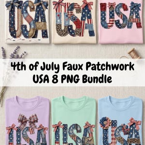 Pacote de imagens PNG com patchwork falso dos EUA para o 4 de julho, design patriótico para sublimação, gráfico retrô da bandeira americana, download para sublimação do Dia da Independência.