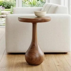 Puede incluir: Una pequeña mesa auxiliar redonda de madera con una base única en forma de reloj de arena. La mesa es de madera marrón oscuro y tiene un pequeño cuenco de color claro encima. La mesa está colocada frente a un sofá blanco y una ventana grande.