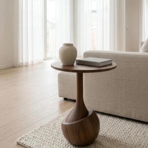 Twisted Base Wooden Side Table, Sculptural Round End Table, Modern Design, Custom RAL Finish