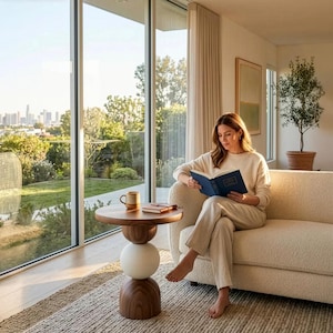 May include: A cozy living room scene with a woman reading a book on a cream-colored sofa. A wooden side table with a round top and stacked spheres holds a mug and a notebook. Large windows offer a view of a cityscape and greenery.