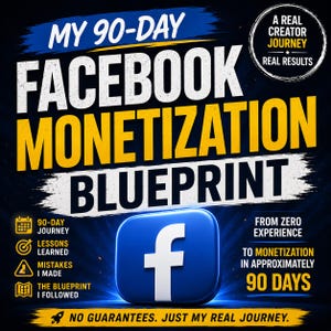 May include: A digital graphic titled My 90-Day Facebook Monetization Blueprint featuring a blue Facebook logo icon. Text includes A Real Creator Journey Real Results, 90-Day Journey, Lessons Learned, Mistakes I Made, The Blueprint I Followed, and No Guarantees. Just My Real Journey.