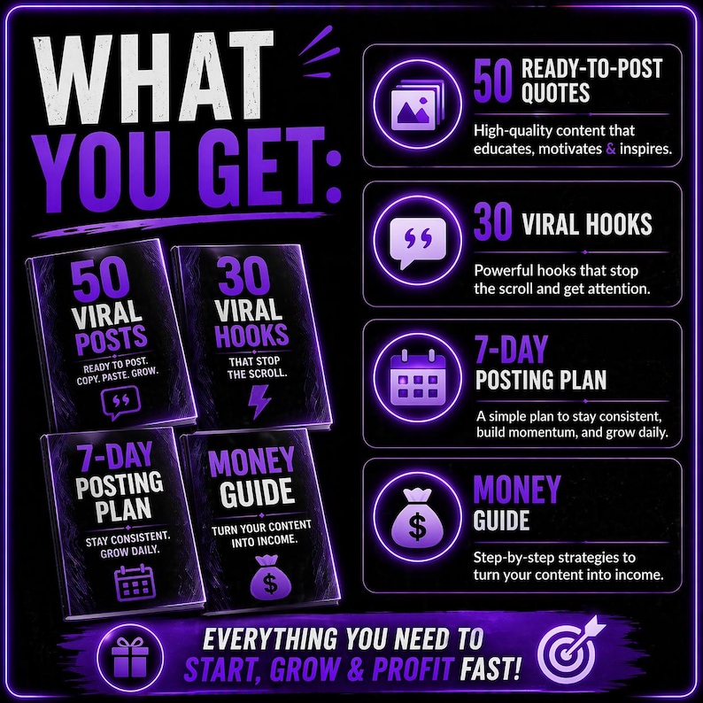 May include: A graphic with a black and purple theme, featuring the text "WHAT YOU GET:" and several icons. It includes images of books labeled "50 Viral Posts," "30 Viral Hooks," "7-Day Posting Plan," and "Money Guide." Additional text reads "Everything You Need to Start, Grow & Profit Fast!"
