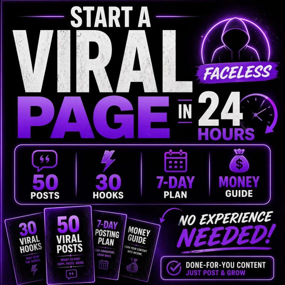 Faceless Instagram Page Starter Kit | 50 Viral Posts + 30 Hooks + 7 Day Posting Plan + Money Guide | Digital Product | Grow & Monetize Fast