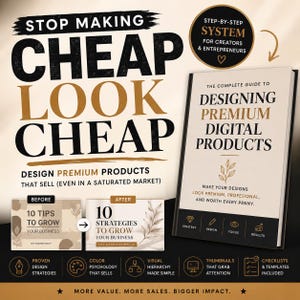 May include: A book titled "The Complete Guide to Designing Premium Digital Products" with the text "Stop Making Cheap Look Cheap." The cover features a leaf design and icons for strategy, design, focus, and results. The book promises to help creators and entrepreneurs.