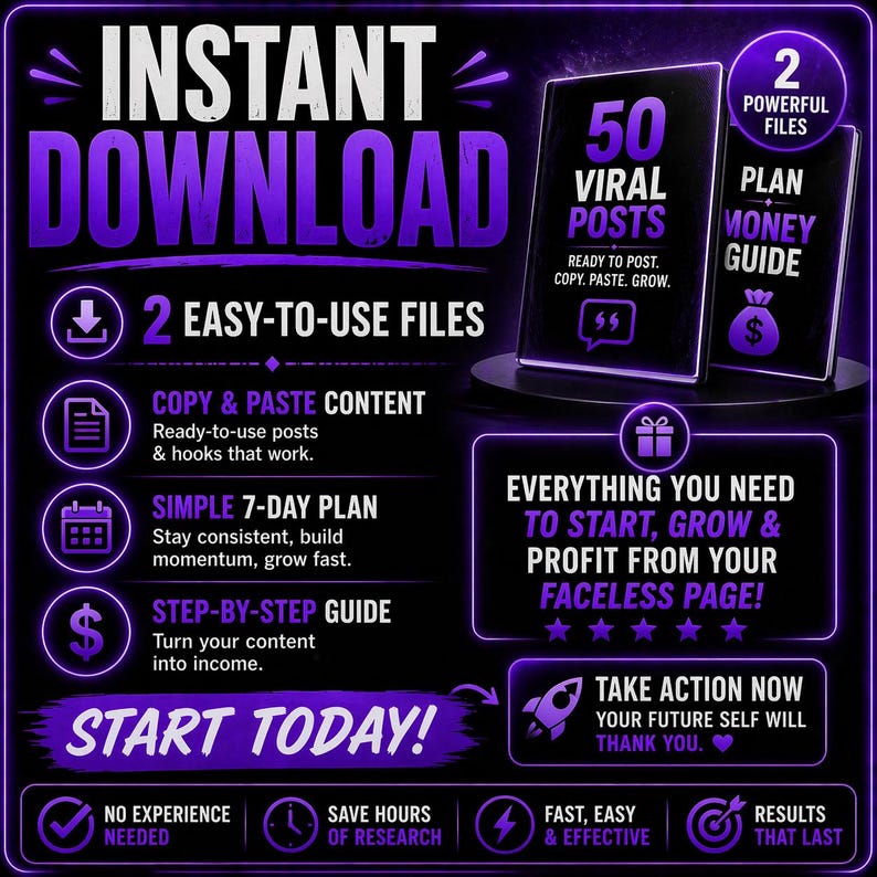 May include: A digital marketing graphic with the words "Instant Download" in white and purple. It promotes "50 Viral Posts" and a "Plan Money Guide." The image highlights "Copy & Paste Content" and a "Simple 7-Day Plan" to start, grow, and profit.