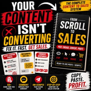 以下が含まれることがあります： 赤と黄色の「Your Content Isn't Converting」というテキストが書かれたプロモーション画像。 「From Scroll to Sales」というタイトルのスパイラル綴じノートが、コンテンツマーケティング戦略を促進するアイコンとテキストとともに表示されています。