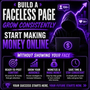 May include: A digital marketing graphic with a purple and black theme. Text reads "Build a Faceless Page, Grow Consistently, Start Making Money Online". A person in a hoodie is using a laptop. Icons and text describe content, audience growth, monetization, and consistency.