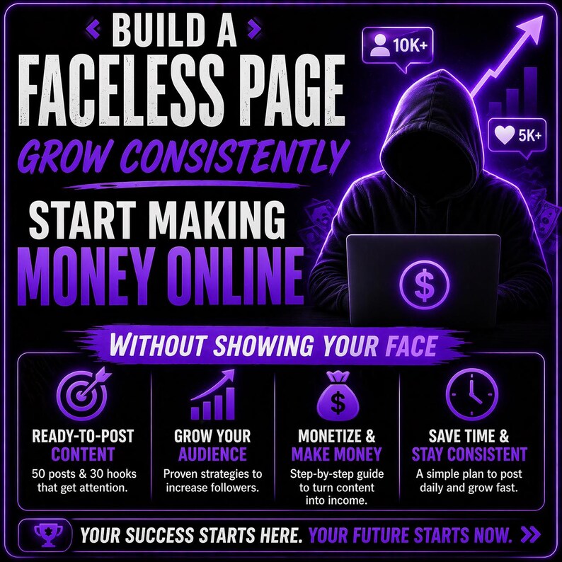 May include: A digital marketing graphic with a purple and black theme. Text reads "Build a Faceless Page, Grow Consistently, Start Making Money Online". A person in a hoodie is using a laptop. Icons and text describe content, audience growth, monetization, and consistency.