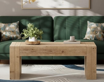 Rustic Wood Coffee Table, Thick Legs, Rectangular Farmhouse Center Table, Natural Finish Living Room Table