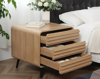 Modern Wood Nightstand with Charging Station, 3 Drawer Bedside Table, 24 Inch End Table, Mid Century Side Table with USB Outlets