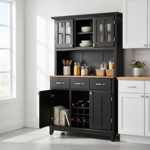 Black Wood Kitchen Hutch Cabinet, Farmhouse Buffet with Wine Rack, Storage Drawers