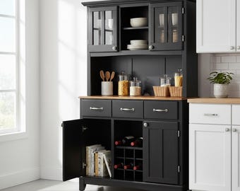 Black Wood Kitchen Hutch Cabinet, Farmhouse Buffet with Wine Rack, Storage Drawers