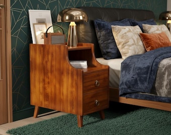 Solid Wood End Table, Cherry Brown Nightstand with 2 Drawers, Pull-Out Tray