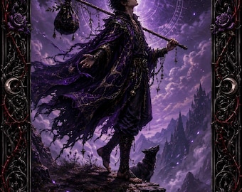 May include: A digital illustration of a person in a purple cloak and dark clothing standing on a cliff edge with a dog. The person carries a staff with a bundle, looking toward a glowing purple celestial sky. The scene is framed by a dark ornate border.