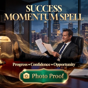 May include: A digital graphic featuring the text SUCCESS MOMENTUM SPELL, Progress • Confidence • Opportunity, and Photo Proof. The image displays a person in a suit sitting at a desk with feet up, holding documents, with a city skyline background.