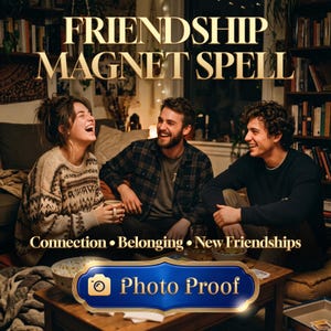 May include: Three people laughing together in a cozy room with bookshelves. Text reads: FRIENDSHIP MAGNET SPELL, Connection • Belonging • New Friendships, and a blue button labeled Photo Proof with a camera icon.
