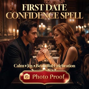 May include: A digital graphic featuring the text FIRST DATE CONFIDENCE SPELL at the top and Calm • Joy • Beautiful Celebration below. A couple sits at a table holding hands with glowing sparkles between them. A red button reads Photo Proof.