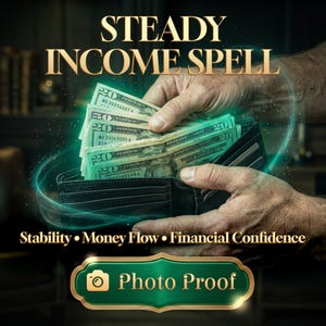May include: A black leather wallet filled with United States twenty and fifty dollar bills. The text STEADY INCOME SPELL, Stability • Money Flow • Financial Confidence, and Photo Proof are displayed with a glowing green light effect.