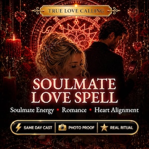 Op de afbeelding: Een digitale afbeelding met de tekst TRUE LOVE CALLING, SOULMATE LOVE SPELL, Soulmate Energy, Romance, Heart Alignment, SAME DAY CAST, PHOTO PROOF en REAL RITUAL. De afbeelding toont een koppel in een donkere, rood verlichte omgeving met kaarsen.