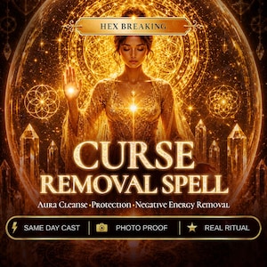 Può includere: Un grafico digitale che mostra una persona con una luce dorata brillante, circondata da cristalli e motivi geometrici. Il testo recita: HEX BREAKING, CURSE REMOVAL SPELL, Aura Cleanse, Protection, Negative Energy Removal, SAME DAY CAST, PHOTO PROOF, REAL RITUAL.