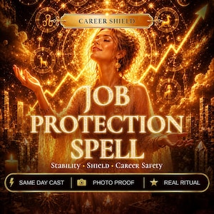 May include: A digital graphic featuring the text CAREER SHIELD, JOB PROTECTION SPELL, Stability, Shield, Career Safety, SAME DAY CAST, PHOTO PROOF, and REAL RITUAL. The image displays a glowing golden figure with arms raised against a celestial background.