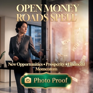 May include: A professional in a dark suit stands by a glass door with the text OPEN MONEY ROADS SPELL and New Opportunities • Prosperity • Financial Momentum. Floating US dollar bills appear near the door, which features a Photo Proof button.