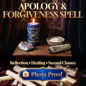 May include: A blue pillar candle with gold runic symbols, a lit wick, a purple amethyst cluster, a small bowl of salt, and a sage bundle on a wooden box. Text reads: APOLOGY & FORGIVENESS SPELL, REFLECTION • HEALING • SECOND CHANCE, Photo Proof.