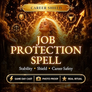以下が含まれることがあります： CAREER SHIELD、JOB PROTECTION SPELL、Stability、Shield、Career Safety、SAME DAY CAST、PHOTO PROOF、REAL RITUALという文字が書かれたデジタル画像。背景には、黄金の十二宮のシンボルに囲まれて両手を挙げている人物が描かれています。