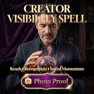 May include: A digital graphic featuring the text CREATOR VISIBILITY SPELL at the top, with a person holding a glowing crystal ball containing a house. Below, the text reads Reach • Recognition • Social Momentum and Photo Proof.