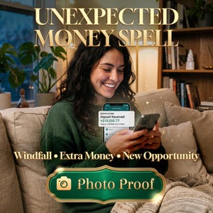Könnte beinhalten: Eine digitale Grafik mit dem Text UNEXPECTED MONEY SPELL, Windfall • Extra Money • New Opportunity und Photo Proof. Ein Smartphone zeigt eine Benachrichtigung: Deposit Received! +$10,250.77 Source: UNEXPECTED FUNDS.