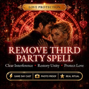 May include: A digital graphic featuring a couple in a dark, red-toned setting with a glowing circular sigil. Text reads: LOVE PROTECTION, REMOVE THIRD PARTY SPELL, Clear Interference, Restory Unity, Protect Love, SAME DAY CAST, PHOTO PROOF, REAL RITUAL.