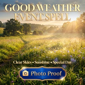 May include: A digital graphic featuring a sunlit meadow with trees and wildflowers under a bright sky. Text reads GOOD WEATHER EVENT SPELL, Clear Skies • Sunshine • Special Day, and a blue button labeled Photo Proof with a camera icon.