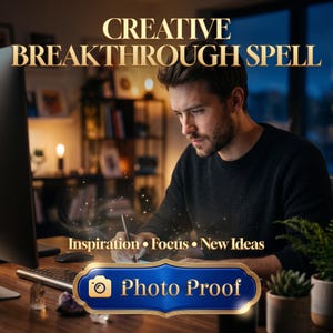 May include: A person in a black sweater sits at a desk with a computer, writing with a stylus. Text reads: CREATIVE BREAKTHROUGH SPELL, Inspiration • Focus • New Ideas, and Photo Proof on a blue banner with a camera icon and gold trim.