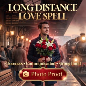 Op de afbeelding: Een persoon in een donkere jas houdt een boeket rode rozen en witte lelies vast op een treinstation. De tekst luidt LONG DISTANCE LOVE SPELL, Closeness • Communication • Strong Bond en Photo Proof op een rood met gouden banner.